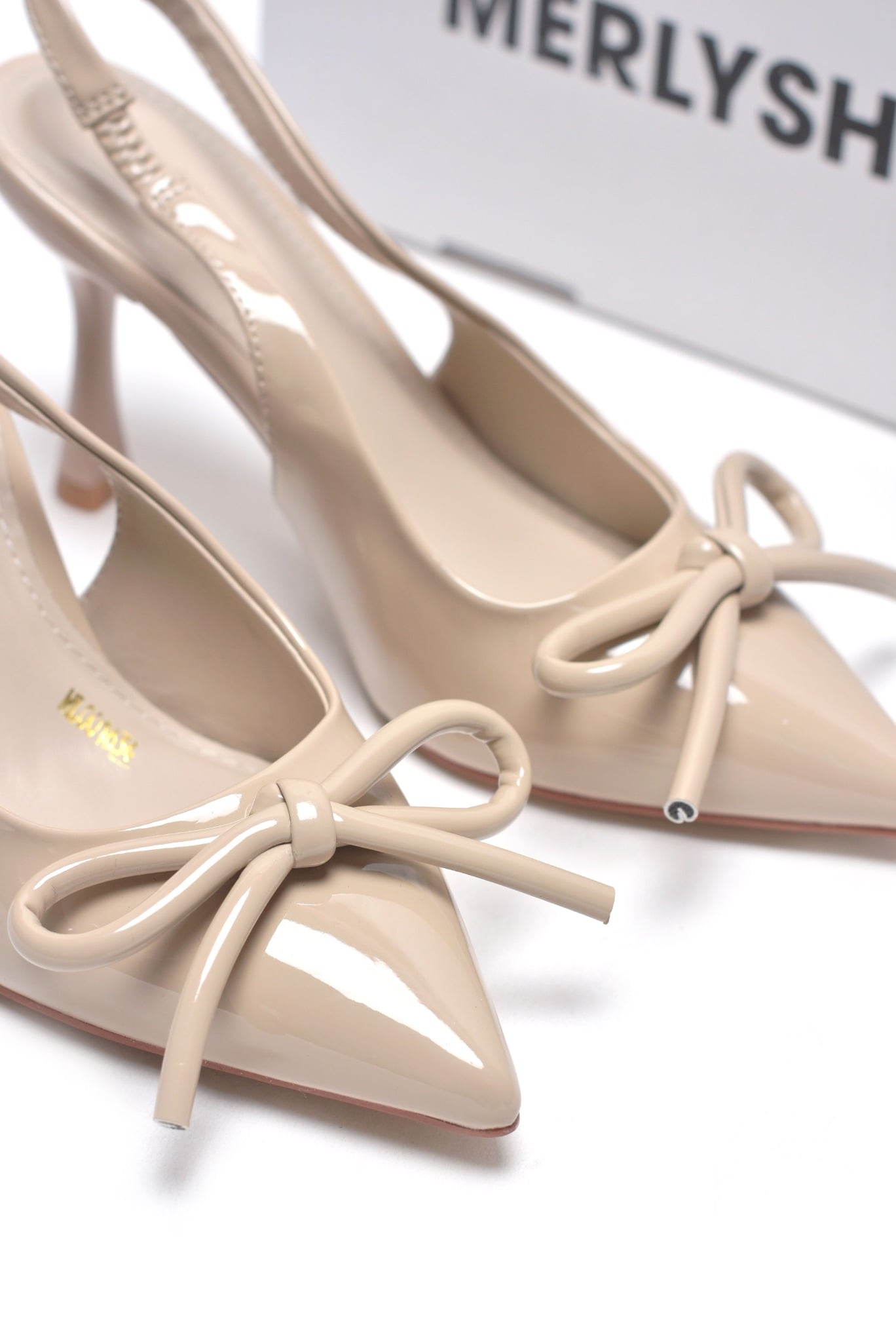 Giày Cao Gót Nơ Slingback Mũi Nhọn Merly 1634-9p Kem Nude Bóng Gót Nhọn 9cm, Giày Đi Tiệc, Giày Công Sở Nữ, Giày Cao Gót Big Size, Giày Cao Gót Mặc Áo Dài