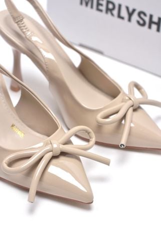 Giày Cao Gót Nơ Slingback Mũi Nhọn Merly 1634 Kem Nude Bóng Gót Nhọn 9cm, Giày Cao Gót Big Size