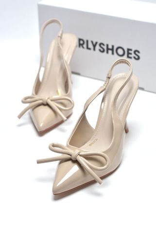 Giày Cao Gót Nơ Slingback Mũi Nhọn Merly 1634-9p Kem Nude Bóng Gót Nhọn 9cm, Giày Đi Tiệc, Giày Công Sở Nữ, Giày Cao Gót Big Size