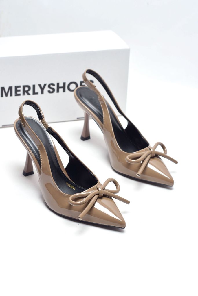 Giày Cao Gót Nơ Slingback Mũi Nhọn Merly 1634-9p Nâu Cafe Bóng Gót Nhọn 9cm, Giày Đi Tiệc, Giày Công Sở Nữ, Giày Cao Gót Big Size, Giày Cao Gót Mặc Áo Dài