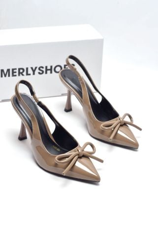 Giày Cao Gót Nơ Slingback Mũi Nhọn Merly 1634-9p Nâu Cafe Bóng Gót Nhọn 9cm, Giày Đi Tiệc, Giày Công Sở Nữ, Giày Cao Gót Big Size