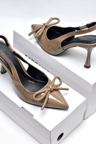 Giày Cao Gót Nơ Slingback Mũi Nhọn Merly 1634-9p Nâu Cafe Bóng Gót Nhọn 9cm, Giày Đi Tiệc, Giày Công Sở Nữ, Giày Cao Gót Big Size, Giày Cao Gót Mặc Áo Dài