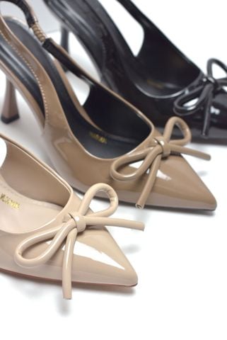 Giày Cao Gót Nơ Slingback Mũi Nhọn Merly 1634-9p Nâu Cafe Bóng Gót Nhọn 9cm, Giày Đi Tiệc, Giày Công Sở Nữ, Giày Cao Gót Big Size, Giày Cao Gót Mặc Áo Dài