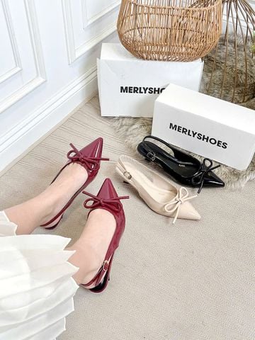 Giày Cao Gót Đỏ Nơ Phồng 3cm Mũi Nhọn Hở Gót Merly