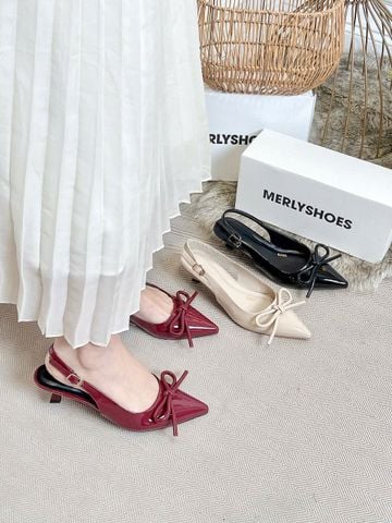 [New 3cm] Giày Cao Gót Đỏ Nơ Phồng 3cm Mũi Nhọn Hở Gót Merly 1634-3p Đỏ Bóng Gót Thấp 3cm, Giày Đi Tiệc, Giày Công Sở Nữ, Giày Cao Gót Big Size