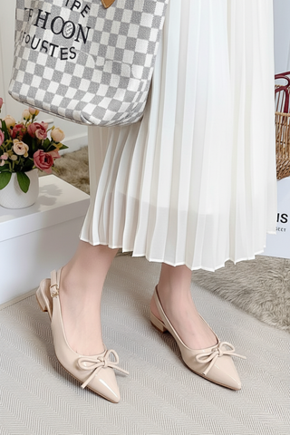 Giày Bệt Mũi Nhọn Hở Gót Nơ Phồng Merly 1634-1p Kem Bóng, Giày Búp Bê Mũi Nhọn Bigsize