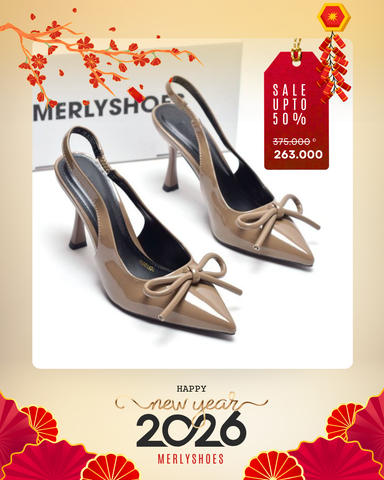 Giày Cao Gót Nơ Slingback Mũi Nhọn Merly 1634-9p Nâu Cafe Bóng Gót Nhọn 9cm, Giày Đi Tiệc, Giày Công Sở Nữ, Giày Cao Gót Big Size