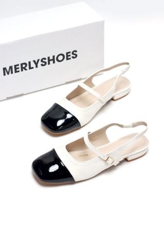 Giày Bệt Nữ Hở Gót Merly 1635 Trắng x Đen, Giày Búp Bê Mũi Vuông, Giày Sandal Bít Mũi, Giày Búp Bê Big Size 35-43, Giày Slingback
