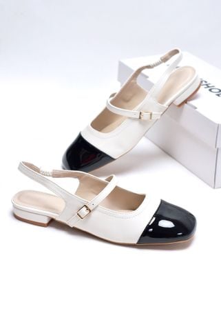 Giày Bệt Nữ Hở Gót Merly 1635 Trắng x Đen, Giày Búp Bê Mũi Vuông, Giày Sandal Bít Mũi, Giày Búp Bê Big Size 35-43, Giày Slingback