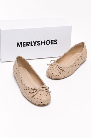 [New Arrivals] Giày Búp Bê Nơ Chấm Bi Kem Nâu Merly 1636, Giày Búp Bê Chấm Bi, Giày Búp Bê Mũi Tròn, Giày Bệt Xinh, Giày Bệt Nữ, Giày Búp Bê Big Size