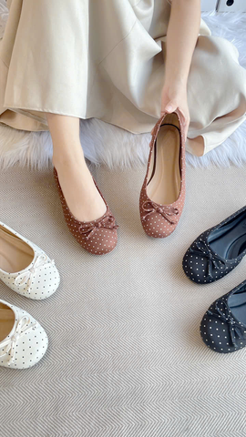 Giày Búp Bê Chấm Bi Merly 1636 Nâu Chấm Bi Bigsize 35-43, Giày Búp Bê Nơ, Giày Búp Bê Mũi Tròn, Giày Bệt Xinh, Giày Bệt Nữ, Giày Búp Bê Big Size