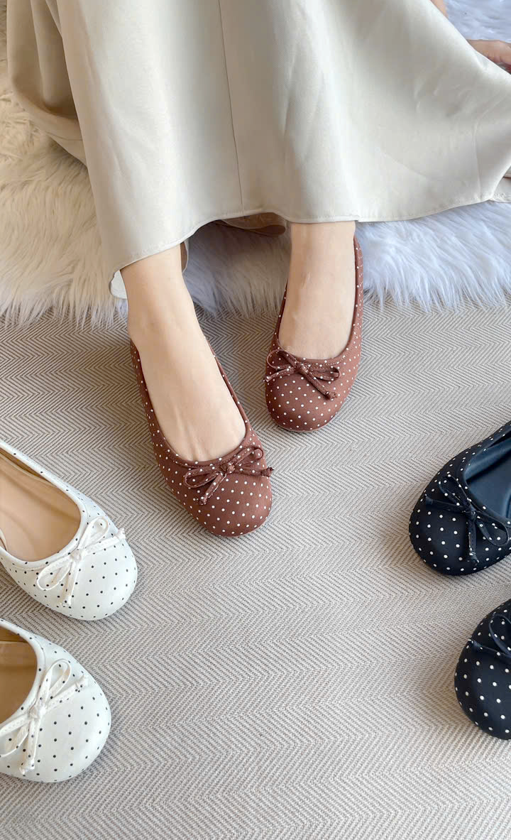 Giày Búp Bê Chấm Bi Merly 1636 Nâu Chấm Bi Bigsize 35-43, Giày Búp Bê Nơ, Giày Búp Bê Mũi Tròn, Giày Bệt Xinh, Giày Bệt Nữ, Giày Búp Bê Big Size