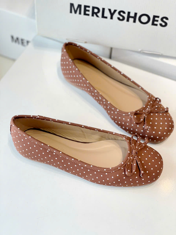 Giày Búp Bê Chấm Bi Merly 1636 Nâu Chấm Bi Bigsize 35-43, Giày Búp Bê Nơ, Giày Búp Bê Mũi Tròn, Giày Bệt Xinh, Giày Bệt Nữ, Giày Búp Bê Big Size