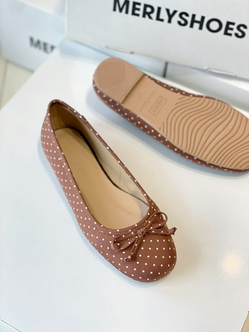 Giày Búp Bê Chấm Bi Merly 1636 Nâu Chấm Bi Bigsize 35-43, Giày Búp Bê Nơ, Giày Búp Bê Mũi Tròn, Giày Bệt Xinh, Giày Bệt Nữ, Giày Búp Bê Big Size