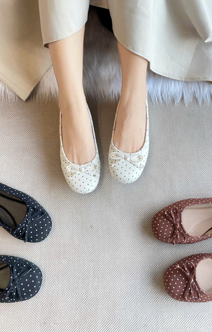 Giày Búp Bê Trắng Chấm Bi Merly 1636 Bigsize 35-43, Giày Búp Bê Nơ, Giày Búp Bê Mũi Tròn, Giày Bệt Xinh, Giày Bệt Nữ, Giày Búp Bê Big Size