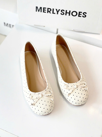 Giày Búp Bê Trắng Chấm Bi Merly 1636 Bigsize 35-43, Giày Búp Bê Nơ, Giày Búp Bê Mũi Tròn, Giày Bệt Xinh, Giày Bệt Nữ, Giày Búp Bê Big Size