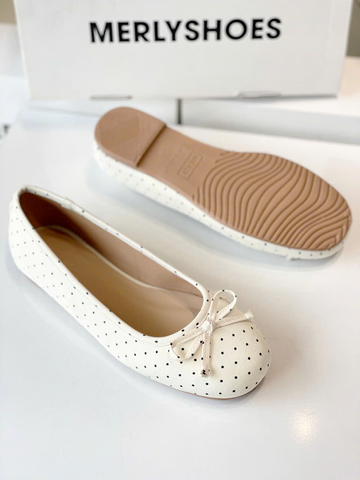 Giày Búp Bê Trắng Chấm Bi Merly 1636 Bigsize 35-43, Giày Búp Bê Nơ, Giày Búp Bê Mũi Tròn, Giày Bệt Xinh, Giày Bệt Nữ, Giày Búp Bê Big Size