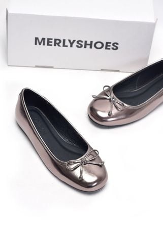 [Restock] Giày Búp Bê Màu Bạc Nơ Nhí Mũi Tròn Da Mềm Mại Merly 1636 Chì Metallic, Giày Ballet Nữ Big Size 35-43 Chuẩn Form, Phiên Bản Cải Tiến Của Giày Búp Bê Nơ 1038