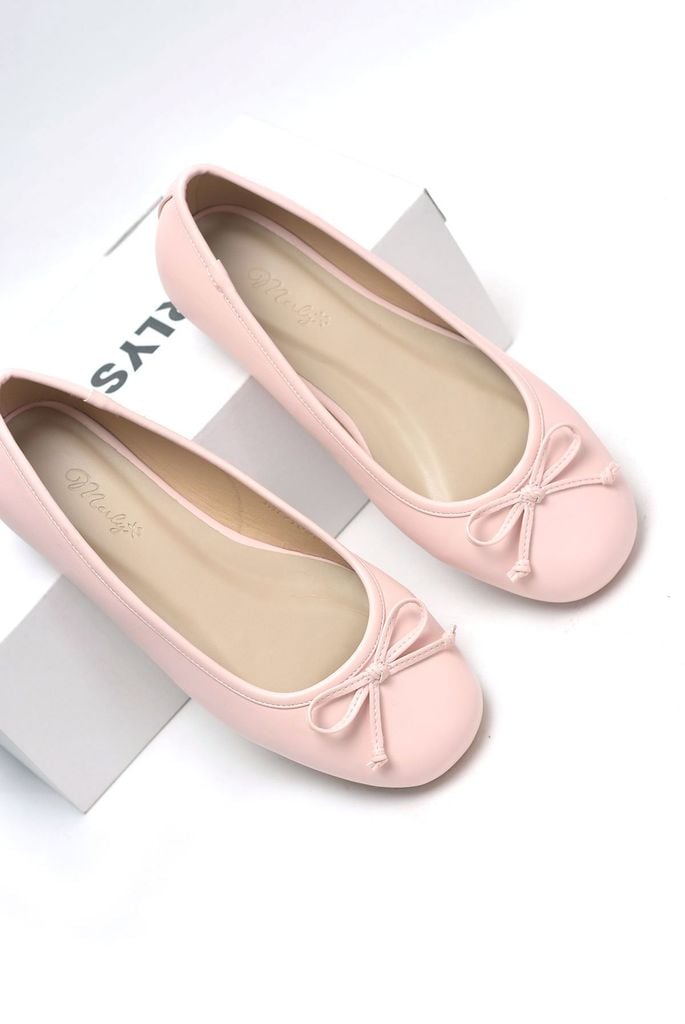 Giày Búp Bê Hồng Nơ Nhí Mũi Tròn Da Mềm Mại Merly 1636 Hồng Mờ, Giày Ballet Nữ Big Size 35-43 Chuẩn Form, Phiên Bản Cải Tiến Của Giày Búp Bê Nơ 1038