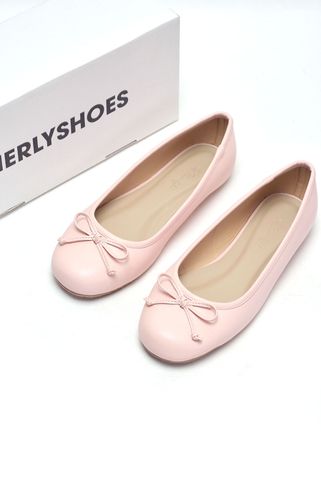 Giày Búp Bê Hồng Nơ Nhí Mũi Tròn Da Mềm Mại Merly 1636 Hồng Mờ, Giày Ballet Nữ Big Size 35-43 Chuẩn Form, Phiên Bản Cải Tiến Của Giày Búp Bê Nơ 1038