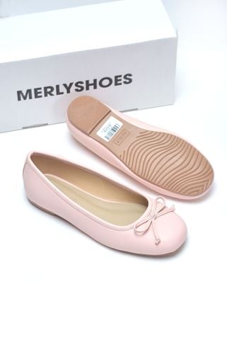 Giày Búp Bê Hồng Nơ Nhí Mũi Tròn Da Mềm Mại Merly 1636 Hồng Mờ, Giày Ballet Nữ Big Size 35-43 Chuẩn Form, Phiên Bản Cải Tiến Của Giày Búp Bê Nơ 1038