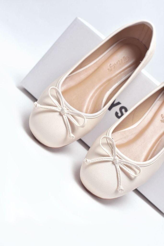 Giày Búp Bê Nữ Nơ Xinh Merly 1636 Kem Hồng Pastel, Giày Bệt Big Size 35-43 Phiên Bản Cải Tiến Của Giày Búp Bê Nơ 1038