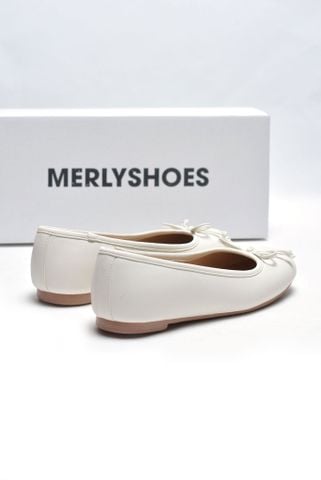 Giày Búp Bê Ballet Nơ Nhí Mũi Tròn Da Mềm Mại Merly 1636 Trắng Hạt Dẻ, Giày Búp Bê Big Size 35-43 Chuẩn Form, Phiên Bản Cải Tiến Của Giày Búp Bê Nơ 1038