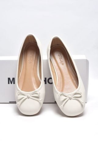 Giày Búp Bê Nơ Nhí Mũi Tròn Da Mềm Mại Merly 1636 Trắng Hạt Dẻ, Giày Búp Bê Big Size Êm Chân