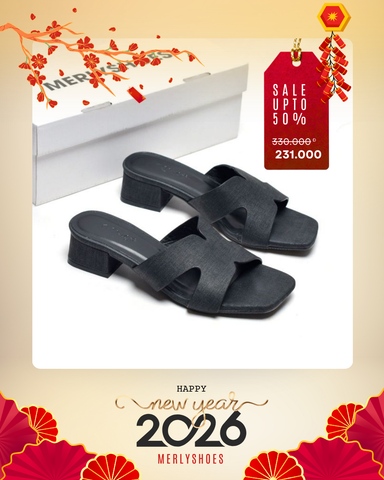 Guốc Nữ Chữ H Đế Thấp 3cm Merly 1637 Màu Đen Jean Vintage Êm Ái, Dép Nữ Bigsize 35-43, Dép Quai Ngang Nữ, Dép Nữ Cao Gót