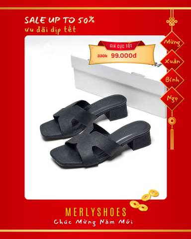 Guốc Nữ Chữ H Đế Thấp 3cm Merly 1637 Màu Đen Jean Vintage Êm Ái, Dép Nữ Bigsize 35-43, Dép Quai Ngang Nữ, Dép Nữ Cao Gót