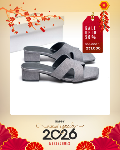 Guốc Nữ Chữ H Đế Thấp 3cm Merly 1637 Xám Jean Vintage Êm Ái, Dép Nữ Bigsize 35-43, Dép Quai Ngang Nữ, Dép Nữ Cao Gót