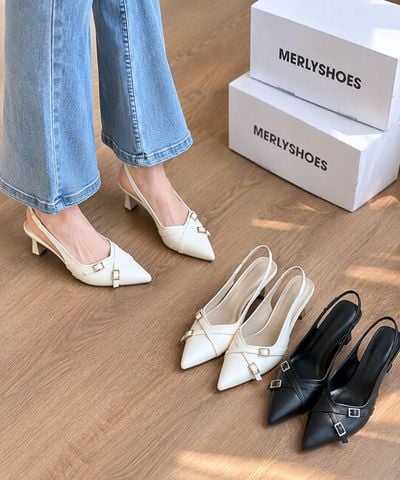 Giày Sandal Bít Mũi Trắng Kem, Giày Cao Gót Slingback, Giày Cao Gót Big Size