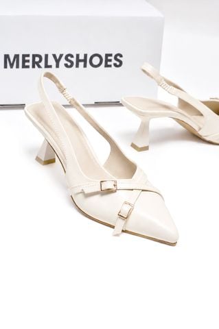 [New Arrivals] Giày Sandal Bít Mũi Quai Hậu 6cm Khóa Chéo Gọn Chân Thương Hiệu Merly 1638 Kem Mờ, Giày Cao Gót Slingback, Giày Cao Gót Kem Mũi Nhọn, Giày Công Sở Nữ, Giày Cao Gót Big Size, BH 1 Năm
