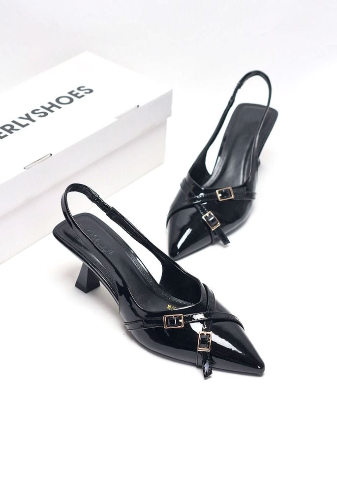 Giày Cao Gót Slingback Mũi Nhọn Gót 6cm Khóa Merly 1638 Đen Bóng, Giày Cao Gót Đen, Giày Công Sở Nữ, Giày Mặc Váy Dài, Giày Nữ Bigsize, BH 1 Năm