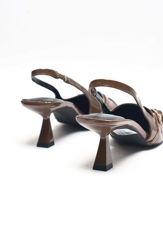 Giày Cao Gót Mũi Nhọn Gót 6cm Hai Khóa Chéo Merly 1638 Nâu Bóng Slingback Bigsize