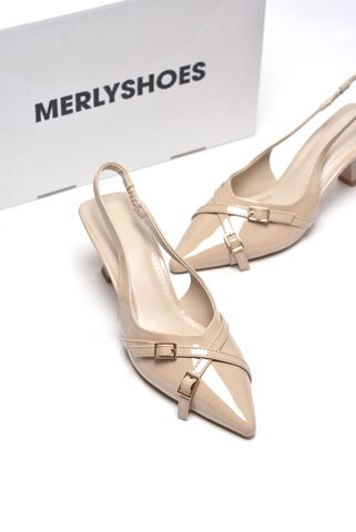 [NEW 35-43] Giày Cao Gót Slingback Mũi Nhọn Gót 6cm Khóa Merly 1638 Kem Bóng, Giày Cao Gót Màu Nude, Giày Công Sở Nữ, Giày Nữ Bigsize 35-43, BH 1 Năm