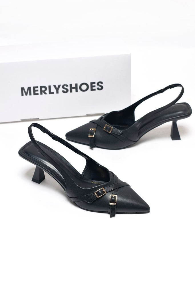 [New Arrivals] Giày Sandal Bít Mũi Quai Hậu 6cm Khóa Chéo Gọn Chân Thương Hiệu Merly 1638 Đen Mờ, Giày Cao Gót Slingback, Giày Cao Gót Đen Mũi Nhọn, Giày Công Sở Nữ, Giày Cao Gót Big Size, BH 1 Năm