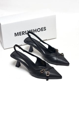 [New Arrivals] Giày Sandal Bít Mũi Quai Hậu 6cm Khóa Chéo Gọn Chân Thương Hiệu Merly 1638 Đen Mờ, Giày Cao Gót Slingback, Giày Cao Gót Đen Mũi Nhọn, Giày Công Sở Nữ, Giày Cao Gót Big Size, BH 1 Năm