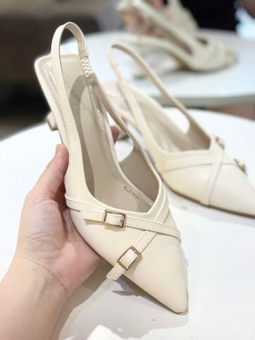 [New Arrivals] Giày Sandal Bít Mũi Quai Hậu 6cm Khóa Chéo Gọn Chân Thương Hiệu Merly 1638 Kem Mờ, Giày Cao Gót Slingback, Giày Cao Gót Kem Mũi Nhọn, Giày Công Sở Nữ, Giày Cao Gót Big Size, BH 1 Năm