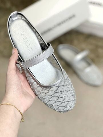 Giày Dép Sục Nữ Ren Lưới Merly 1639 Màu Bạc, Dép Sục Hè Thoáng Chân Nữ Tính, Dép Sục Big Size 35-43, Giày Búp Bê Nữ