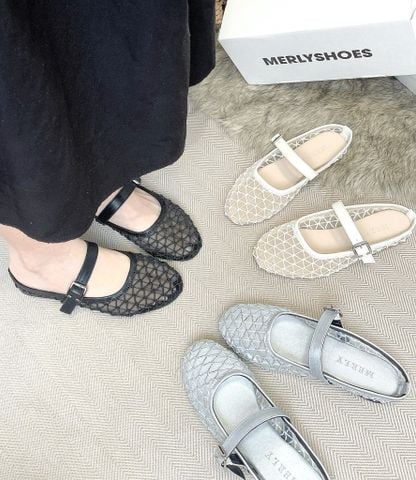 Giày Dép Sục Nữ Ren Lưới Merly 1639 Đen, Dép Sục Hè Thoáng Chân Nữ Tính, Dép Sục Big Size 35-43, Giày Búp Bê Nữ
