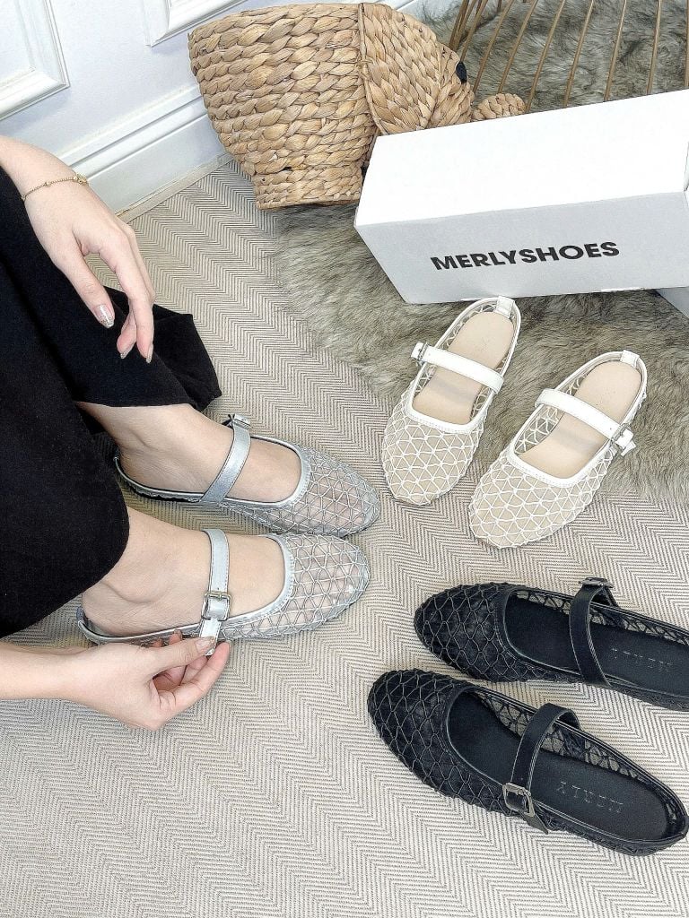 [Restock 35-43] Giày Dép Sục Nữ Ren Lưới Merly 1639 Màu Bạc, Dép Sục Hè Thoáng Chân Nữ Tính, Dép Sục Big Size 35-43, Giày Búp Bê Nữ, Dép Đi Biển