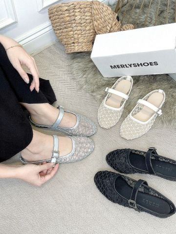Giày Dép Sục Nữ Ren Lưới Merly 1639 Màu Bạc, Dép Sục Hè Thoáng Chân Nữ Tính, Dép Sục Big Size 35-43, Giày Búp Bê Nữ