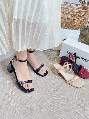 Sandal Cao Gót Đế Vuông 5cm Quai Ngang Mảnh Khóa Merly 1640 Đen Bóng Bigsize 35-43, Giày Cao Gót Mặc Áo Dài