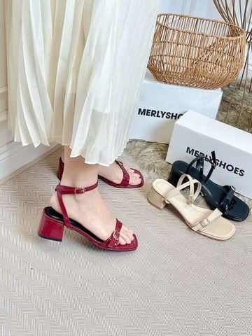 [NEW 35-43] Sandal Cao Gót Đế Vuông 5cm Quai Ngang Mảnh Khóa Merly 1640 Đỏ Bóng Bigsize 35-43, Giày Cao Gót Mặc Áo Dài