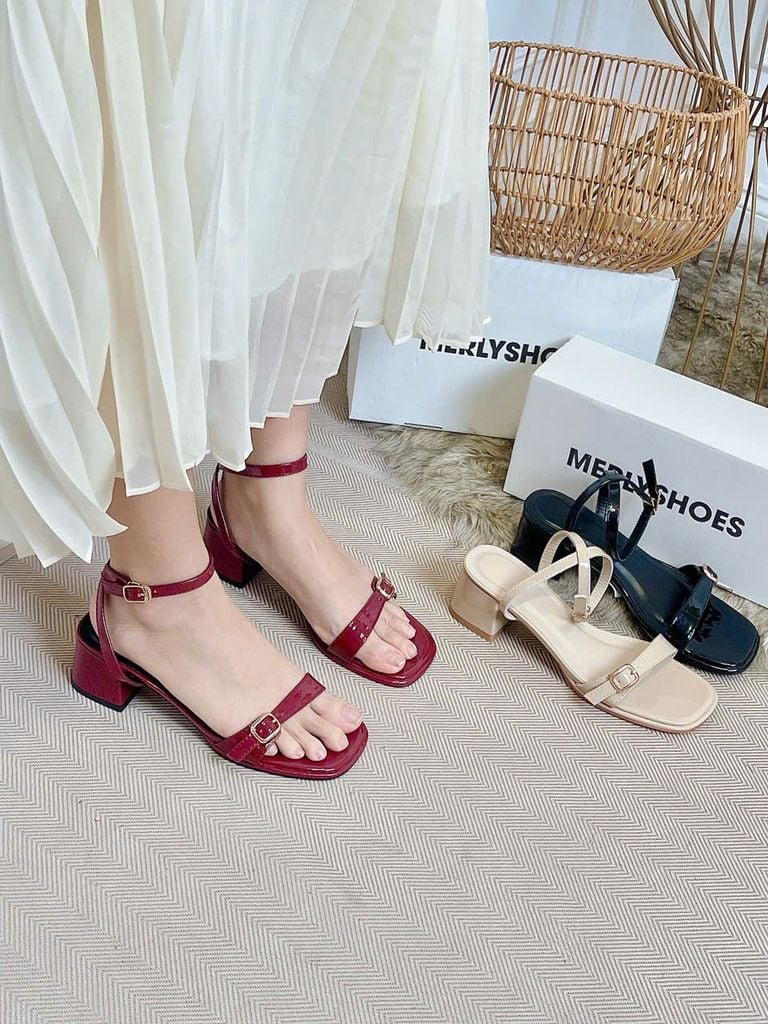 [NEW 35-43] Sandal Cao Gót Đế Vuông 5cm Quai Ngang Mảnh Khóa Merly 1640 Đỏ Bóng Bigsize 35-43, Giày Cao Gót Mặc Áo Dài