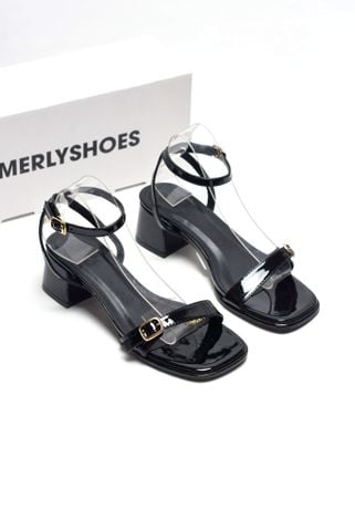 Sandal Cao Gót Đế Vuông 5cm Quai Ngang Mảnh Khóa Merly 1640 Đen Bóng Bigsize 35-43, Giày Cao Gót Mặc Áo Dài