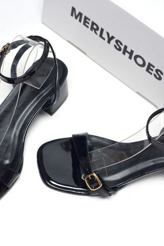Sandal Cao Gót Đế Vuông 5cm Quai Ngang Mảnh Khóa Merly 1640 Đen Bóng Bigsize 35-43, Giày Cao Gót Mặc Áo Dài