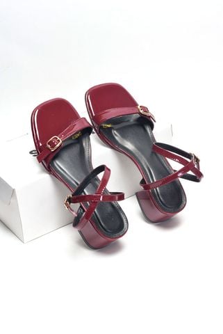 Sandal Cao Gót Đế Vuông 5cm Quai Ngang Mảnh Khóa Merly 1640 Đỏ Bóng Bigsize 35-43, Giày Cao Gót Mặc Áo Dài