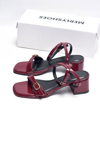 [NEW 35-43] Sandal Cao Gót Đế Vuông 5cm Quai Ngang Mảnh Khóa Merly 1640 Đỏ Bóng Bigsize 35-43, Giày Cao Gót Mặc Áo Dài
